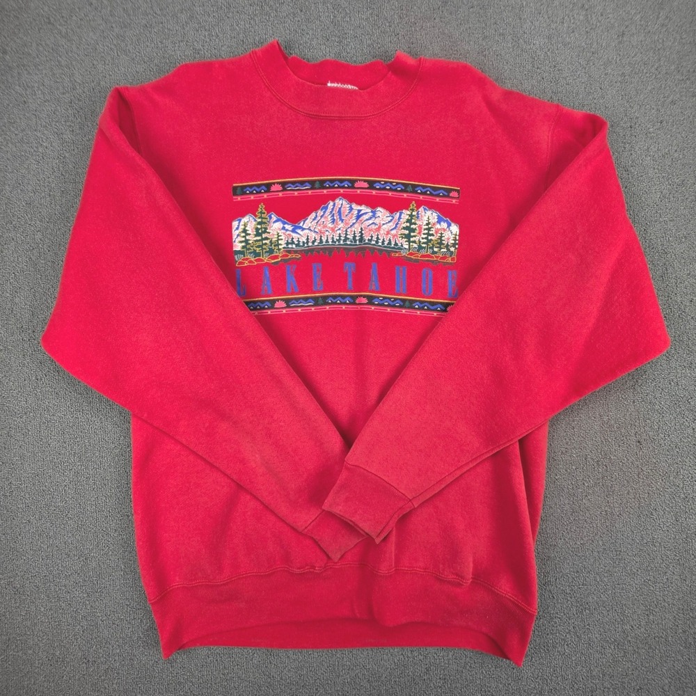 Oneita Lake Tahoe Graphic Sweatshirt Mens Red Vintage 90s Made in USA Large